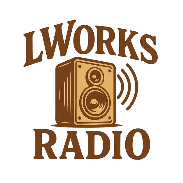 Logo for LWorks Radio featuring bold text and a vintage-style speaker emitting sound waves